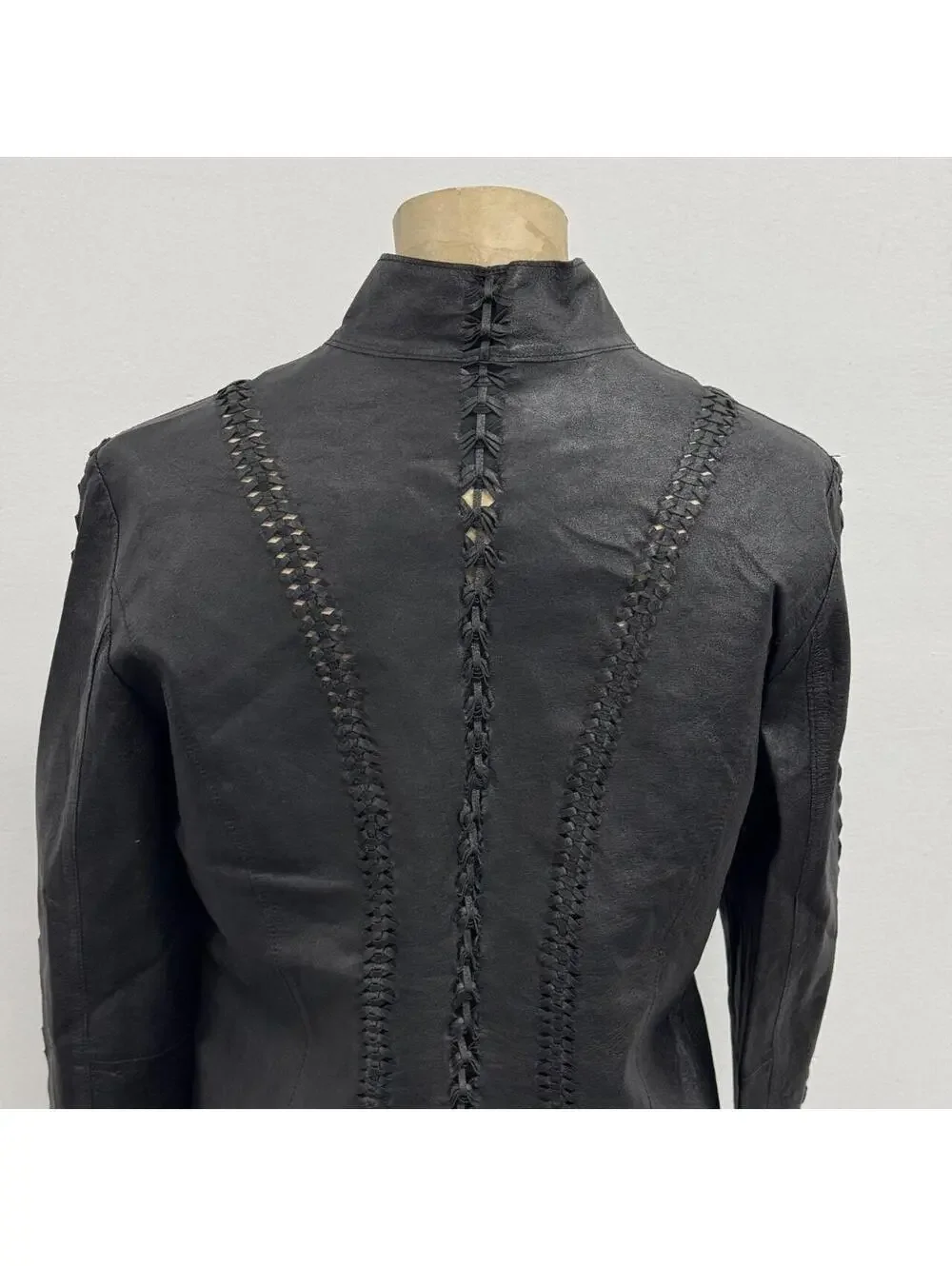 Vintage Black Braided Detail Y2K Avant Garde Leather Jacket - Picture 4 of 8